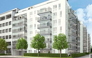 Corner view of the Tassiloplatz residential complex in Munich.