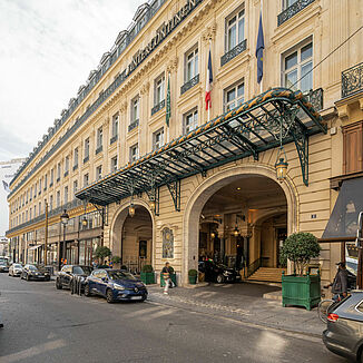 Building view with entrance area of the Hotel InterContinental Le Grand in Paris.