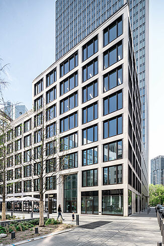 Corner view of the Marienturm in Frankfurt, a mixed-use tower block in the banking district.
