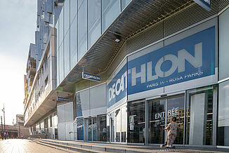 The entrance to a Decathlon sports shop in Paris.