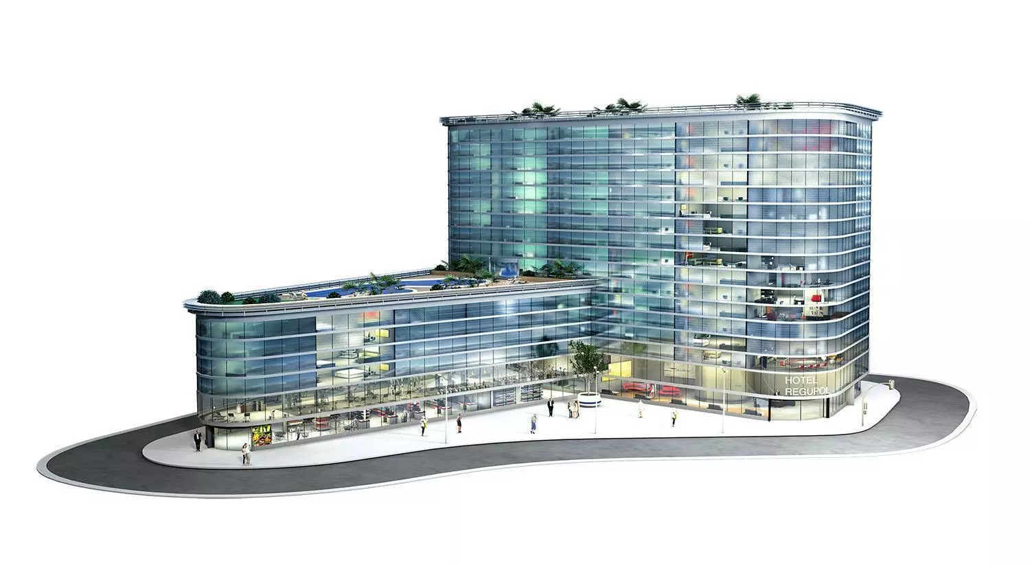 Mixed-use building rendering with REGUPOL Acoustics applications and products