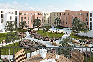 Inner courtyard of the Gravensteiner Arkaden with terraces and green spaces.