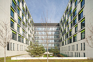 Inner courtyard of the paediatric hospital of the university clinic in the Warsaw district of Zwirki i Wigury.