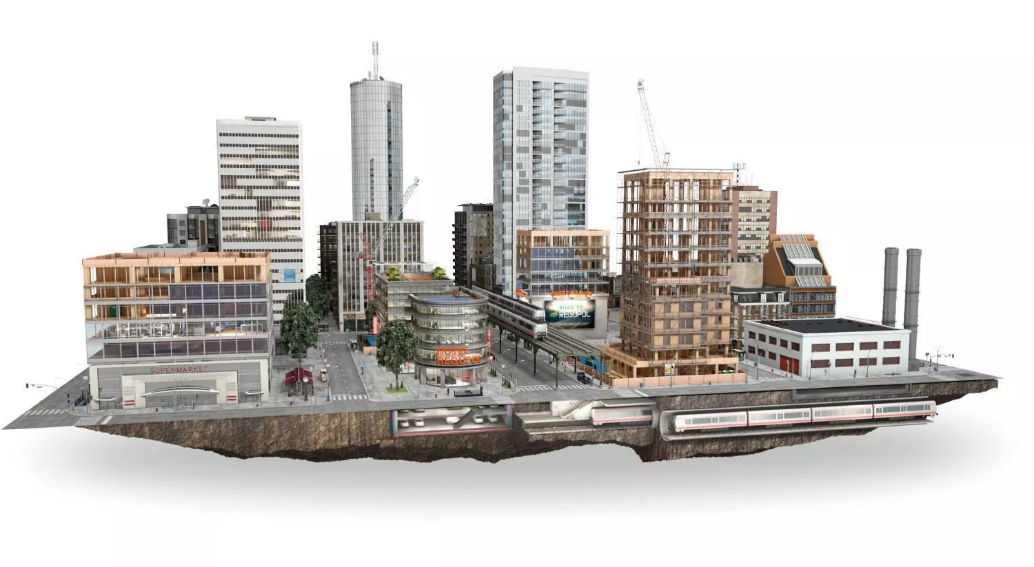 City rendering with REGUPOL Acoustics applications and products 