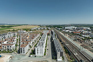 Aerial view of the new neighbourhood directly next to the railway infrastructure in Bad Vilbel.