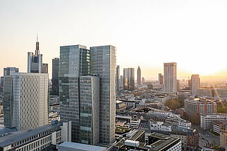 Aerial view of the Frankfurt skyline with sunset.